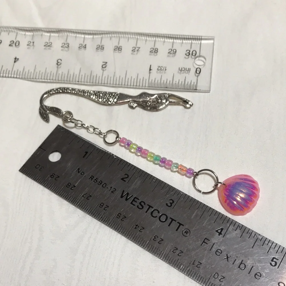 Metal Mermaid Hook Bookmark w/Chain, Pastel Glass Beads, & Plastic Shell Charm
